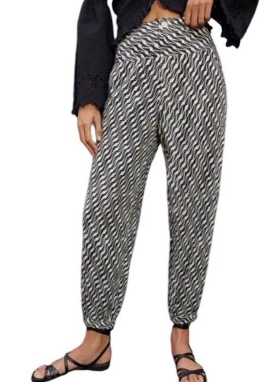 Anthropologie Women’s Black & White Print Harlem JoggerLinen Blend Pants Size 14